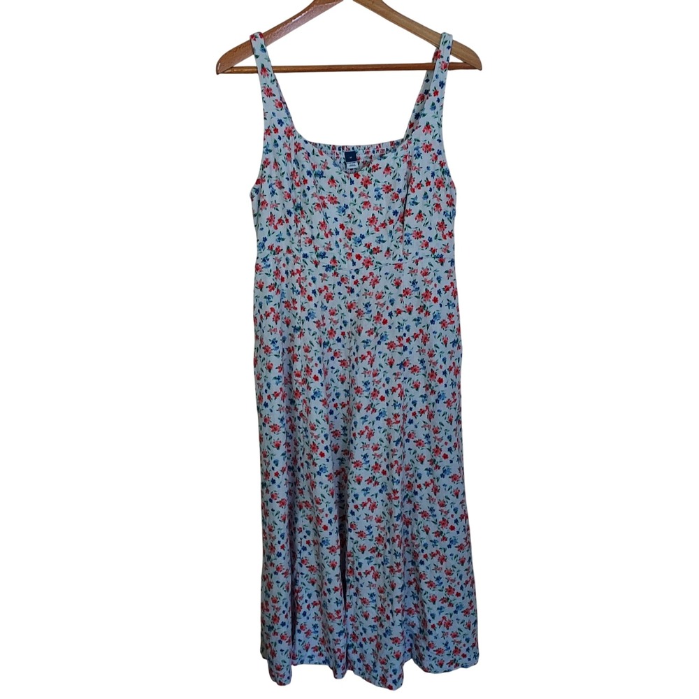 Old Navy Floral Linen Blend Smocked Midi Dress White Red Blue Cottage Farm M